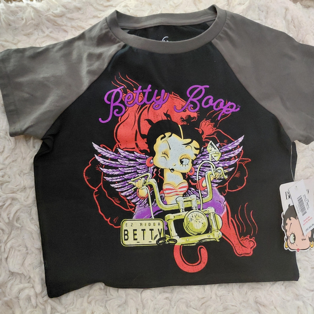 Betty Boop Black and Gray Cropped Tee with Colorful Graphic